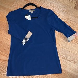 NWT- Burberry Bright Navy Blue Women's Check Cuff Stretch-cotton Medium Shirt